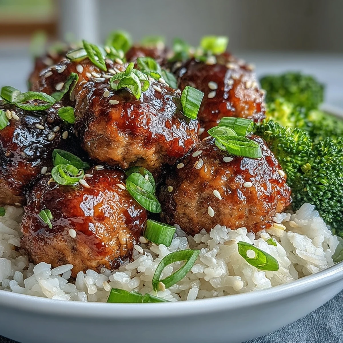 Juicy Honey Garlic Turkey Meatballs glazed in sweet-savory sauce over fluffy rice and tender broccoli florets.