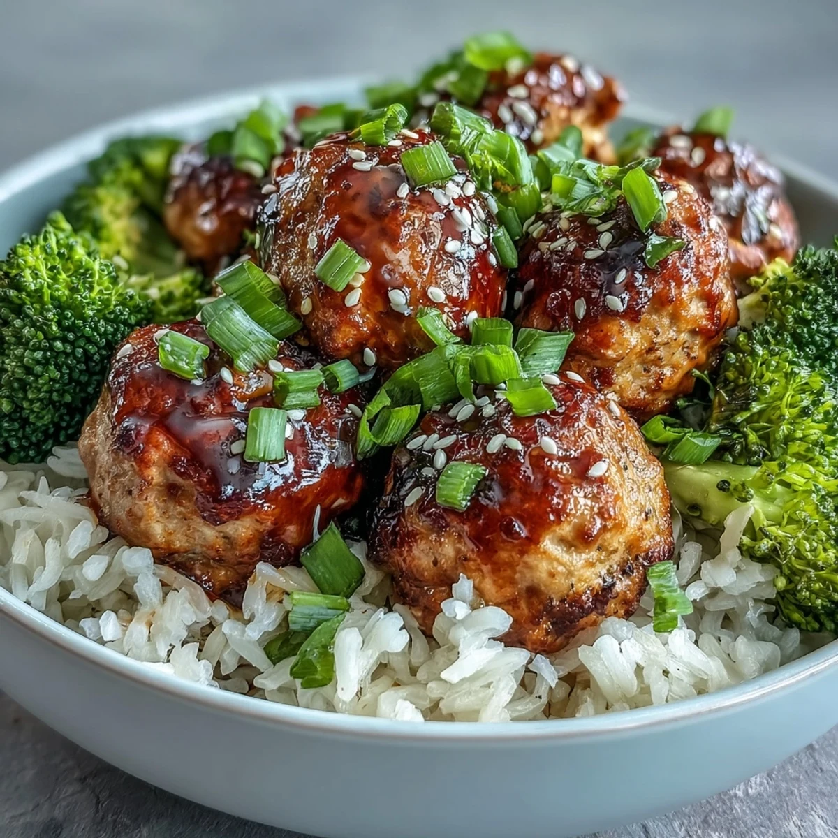 Bowl of Honey Garlic Turkey Meatballs garnished with sesame seeds and fresh green onions on jasmine rice.