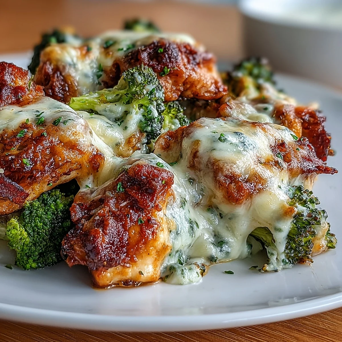 Golden Ranch Chicken & Broccoli Sheet Pan Melt with bubbling sharp cheddar cheese and roasted green florets served fresh from the oven.
