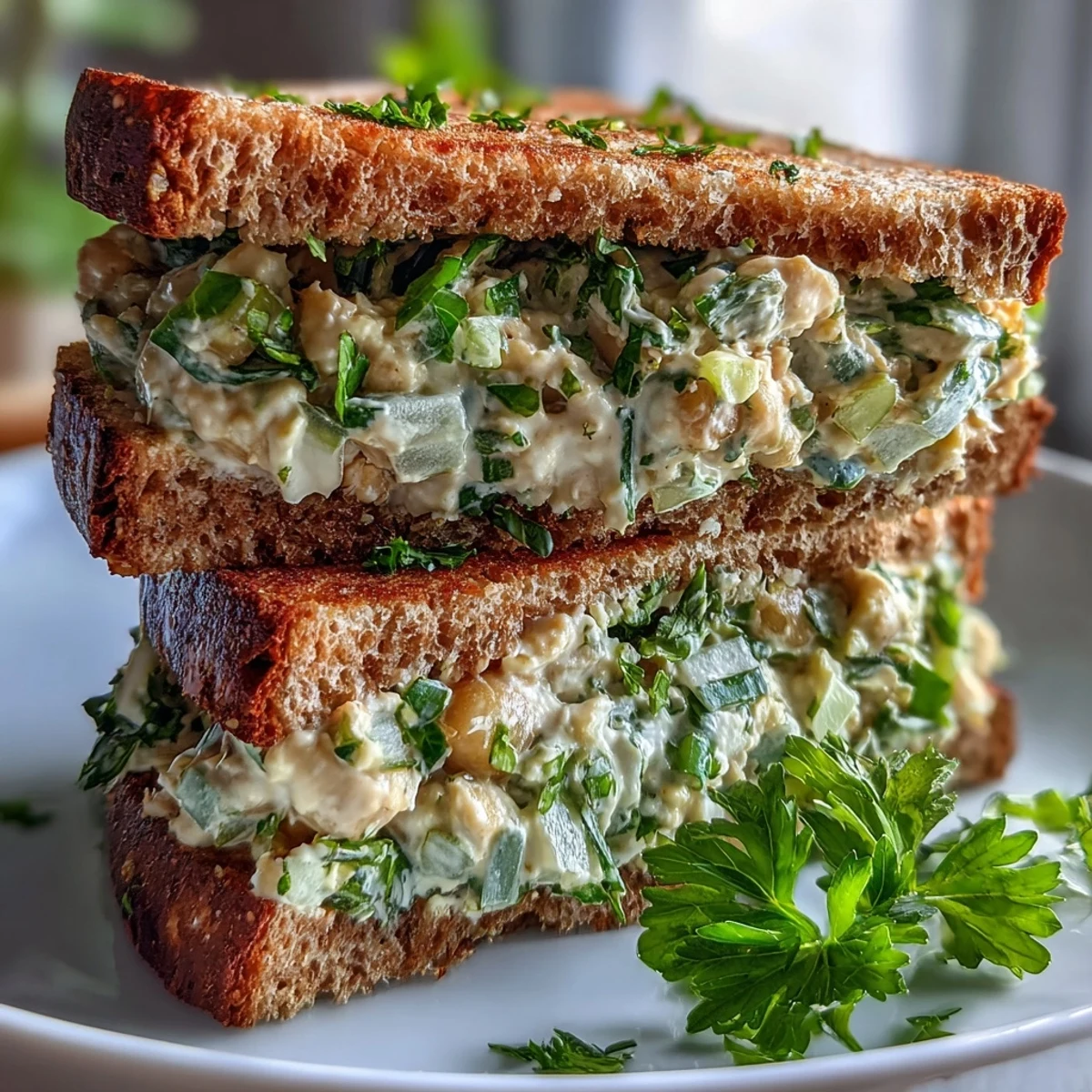 Healthy vegan Chickpea Salad Sandwich served in a lettuce cup, garnished with fresh parsley and lemon.