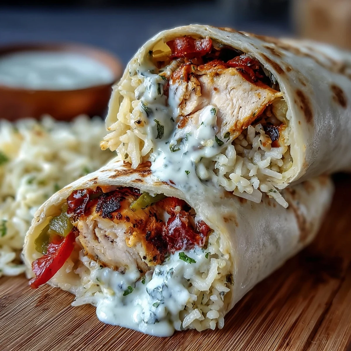 Sliced Chicken Bell Pepper Ranch Burritos reveal fluffy rice and colorful sautéed peppers inside.