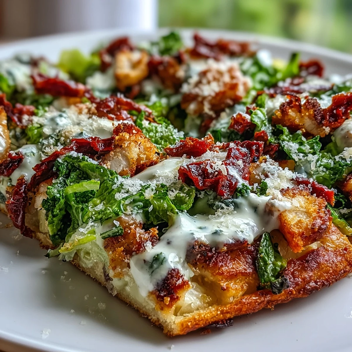 Close-up of Chicken Crust Caesar Salad Pizza on a wooden board, garnished with black pepper and chopped sun-dried tomatoes, ready to serve.