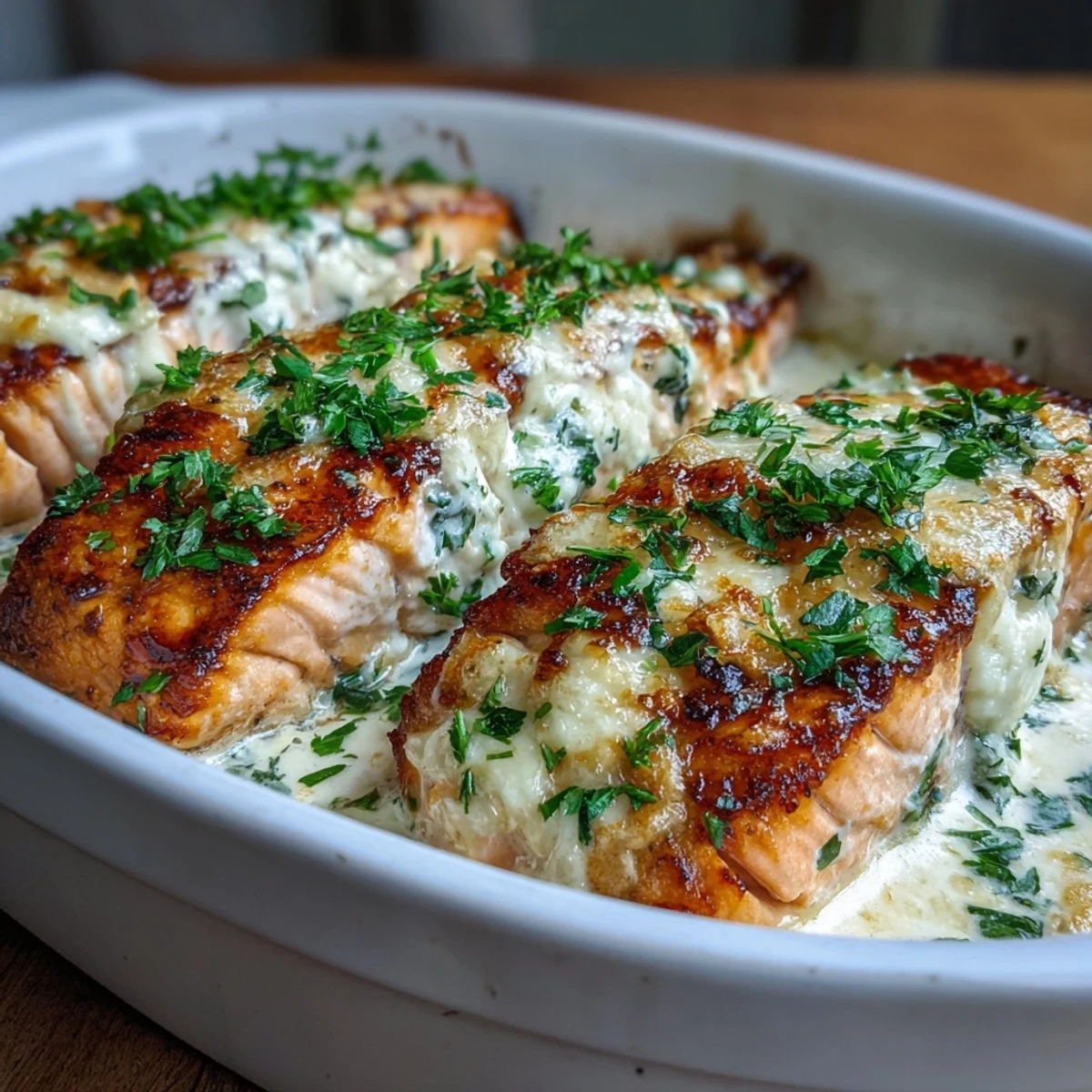 Creamy Baked Salmon with Lemon Butter Sauce baked golden in a dish, garnished with fresh parsley and lemon wedges.