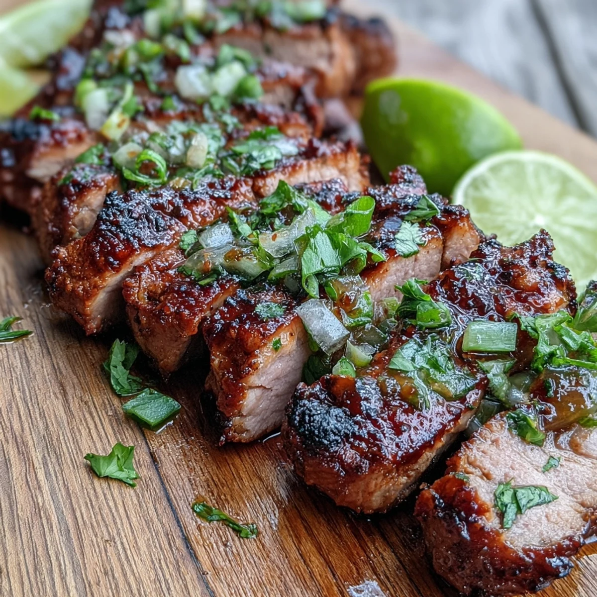 Roasted jerk spiced pork tenderloin sliced on a wooden board with fresh cilantro and lime wedges for serving.