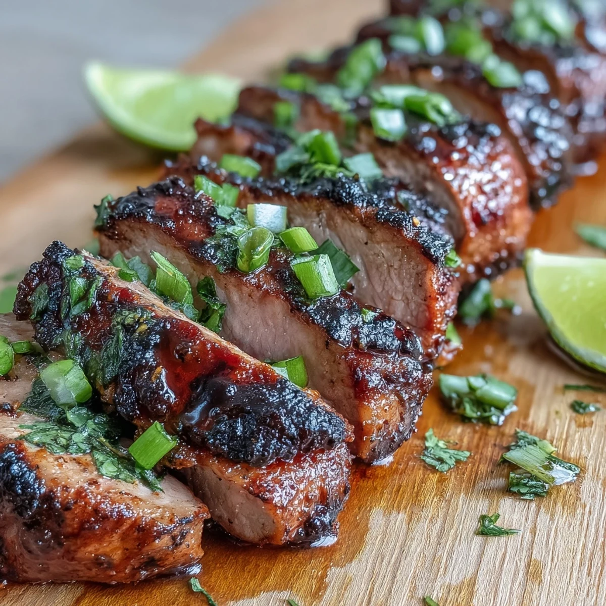 Juicy slices of jerk spiced pork tenderloin plated alongside fluffy white rice and grilled pineapple rings.
