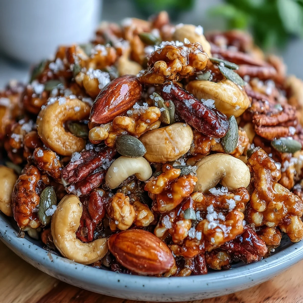 Freshly baked Salted Honey & Peanut Snack Mix clusters with roasted peanuts and almonds glistening in a rustic ceramic bowl. 