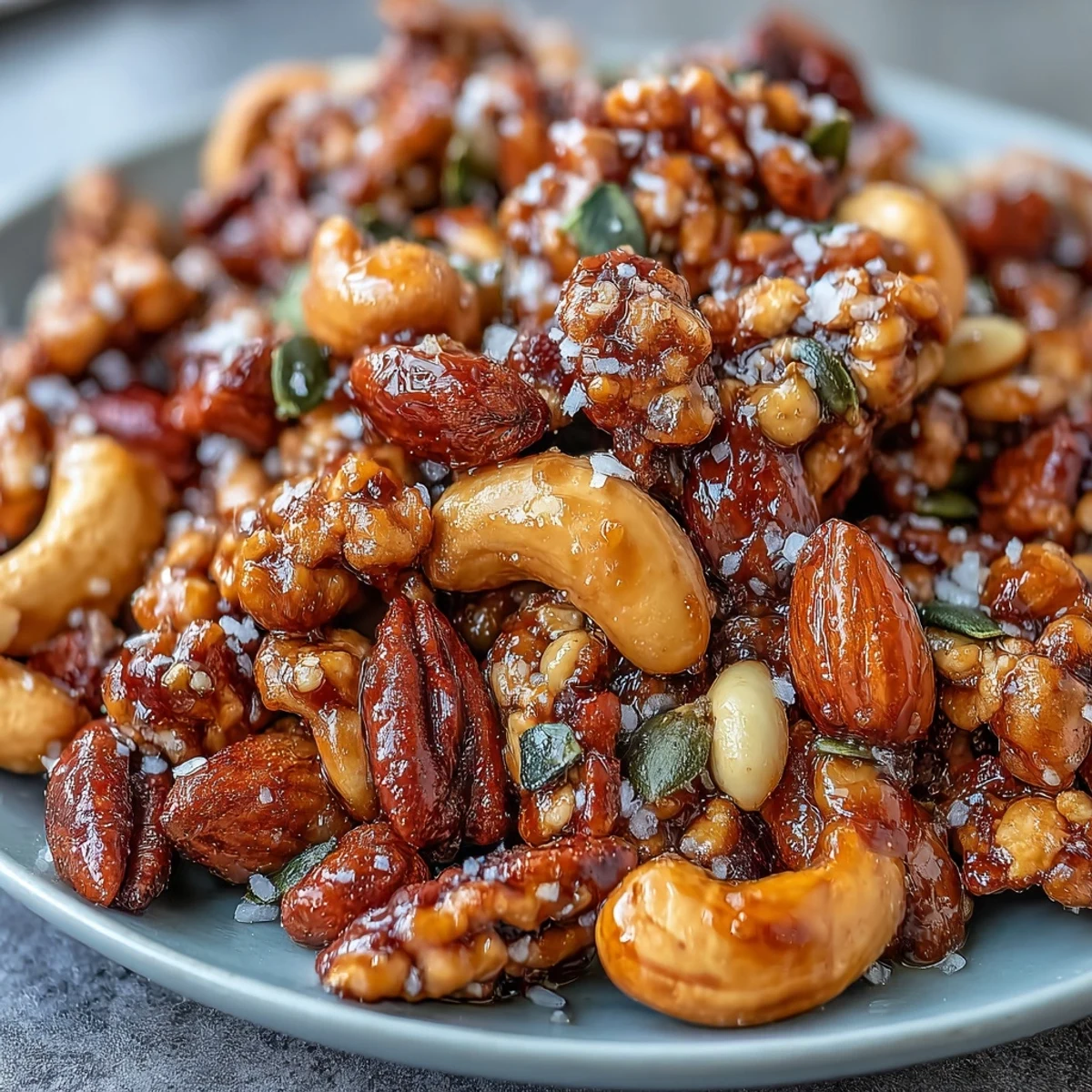 A close-up of Salted Honey & Peanut Snack Mix showing pumpkin seeds, cashews, and a sprinkle of flaky sea salt.