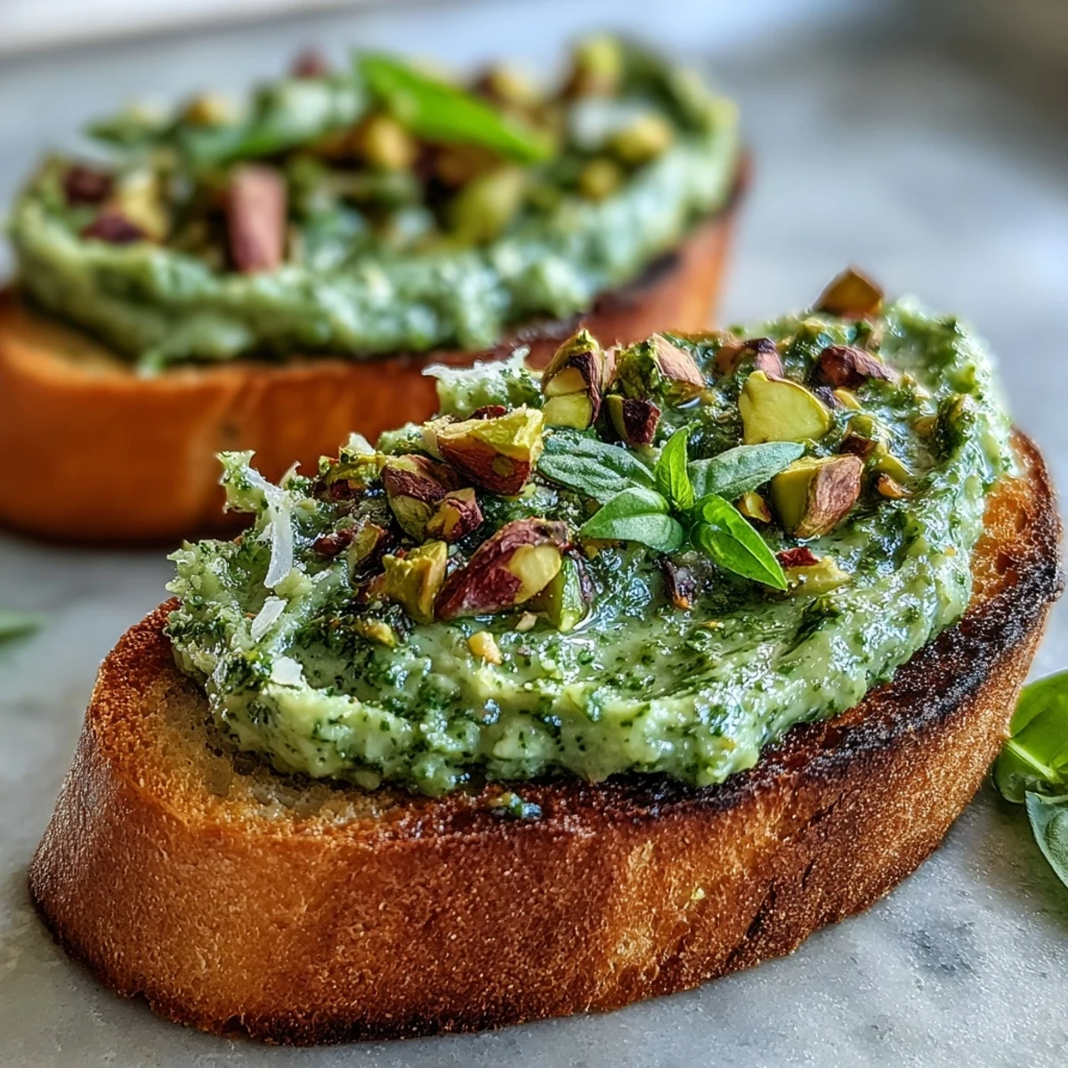 Homemade pistachio pesto sauce with fresh basil, garlic, and Parmesan, drizzled over cooked pasta.