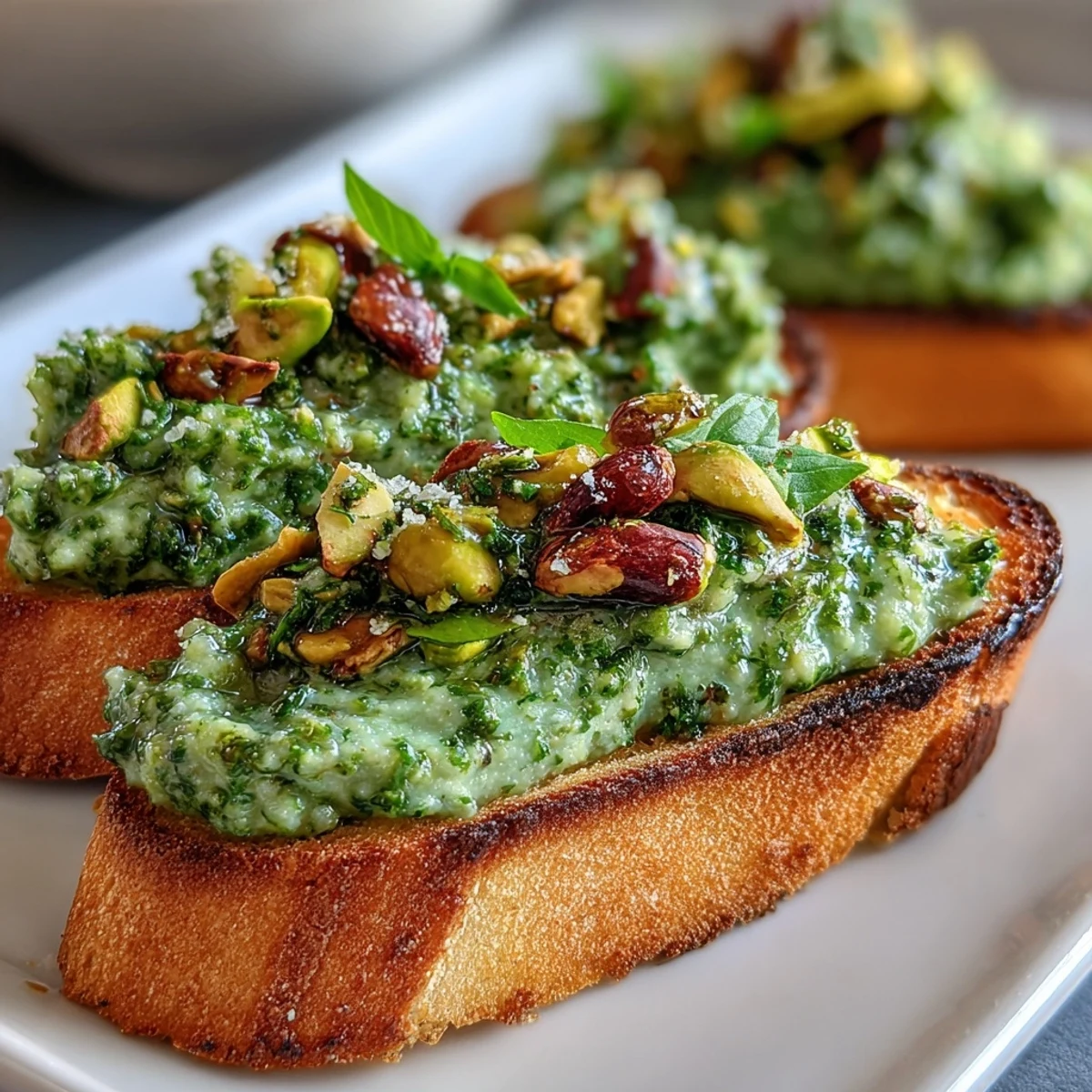 Bright green pistachio pesto in a white bowl, garnished with extra chopped nuts and basil.