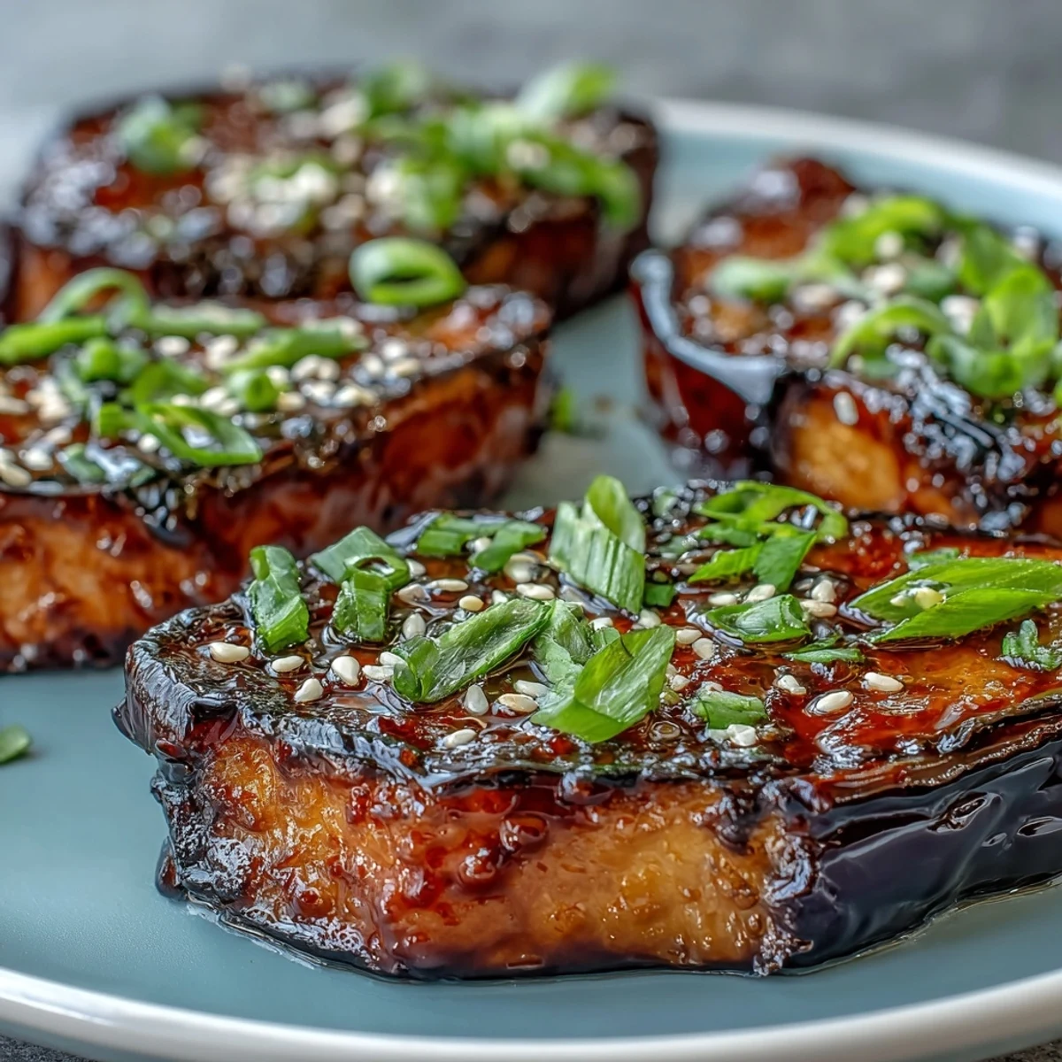 Golden-brown Miso-Glazed Eggplant Steaks roasted on a baking sheet, showing caramelized edges and sesame garnish.