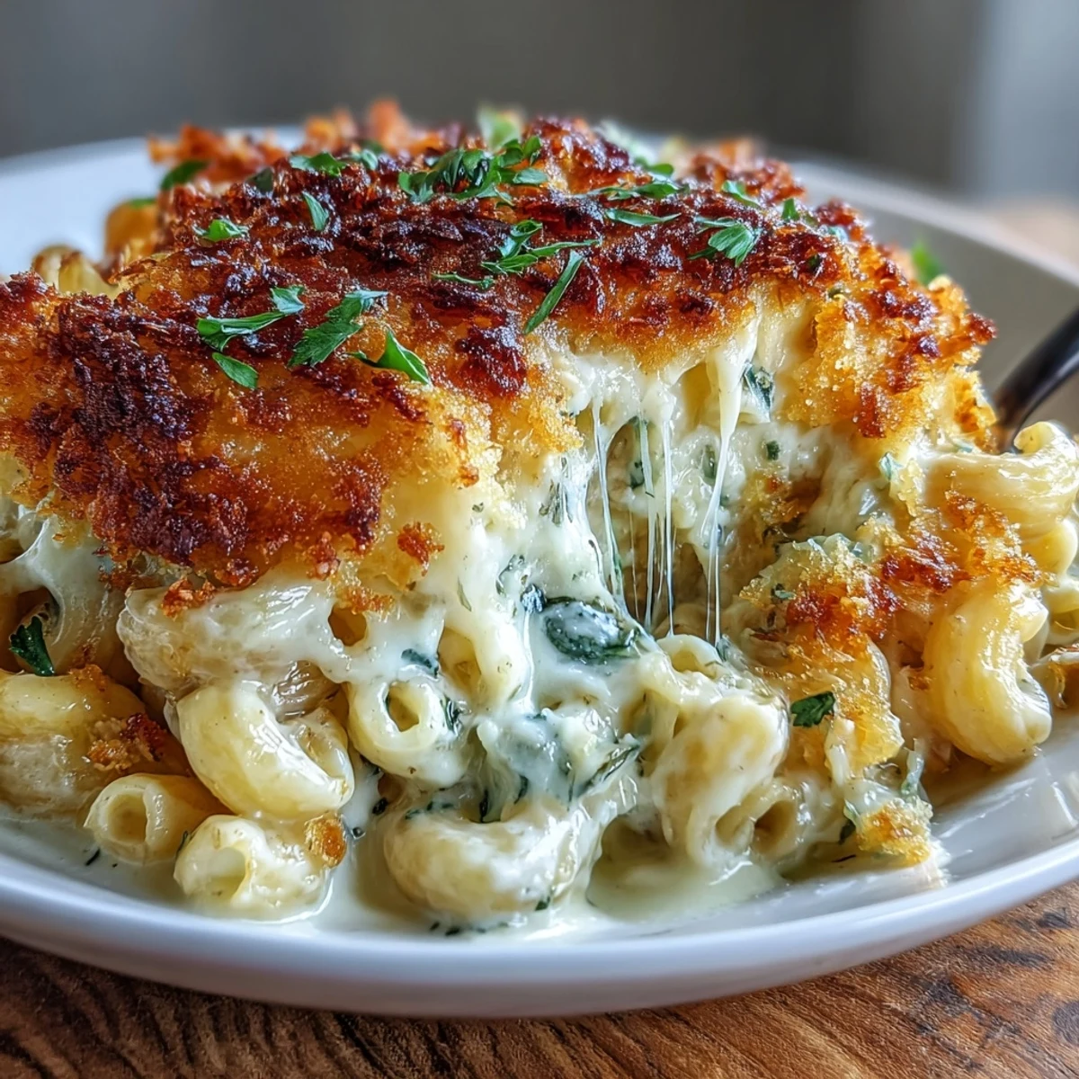 Golden-baked Truffle Mac & Cheese in a dish with a crisp panko topping and fresh chives.