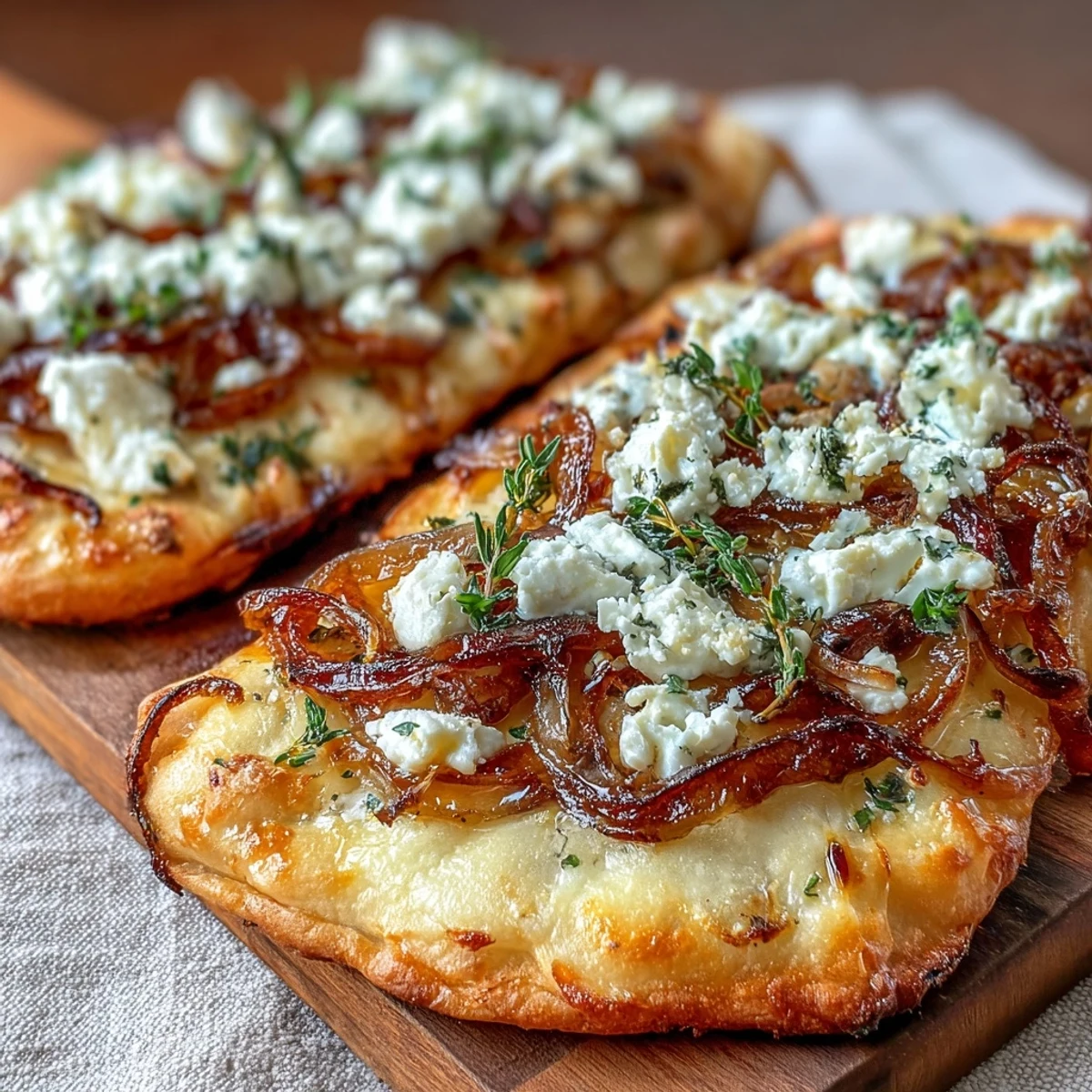 Overhead view of Caramelized Onion & Goat Cheese Flatbread drizzled with honey, served with a glass of white wine.
