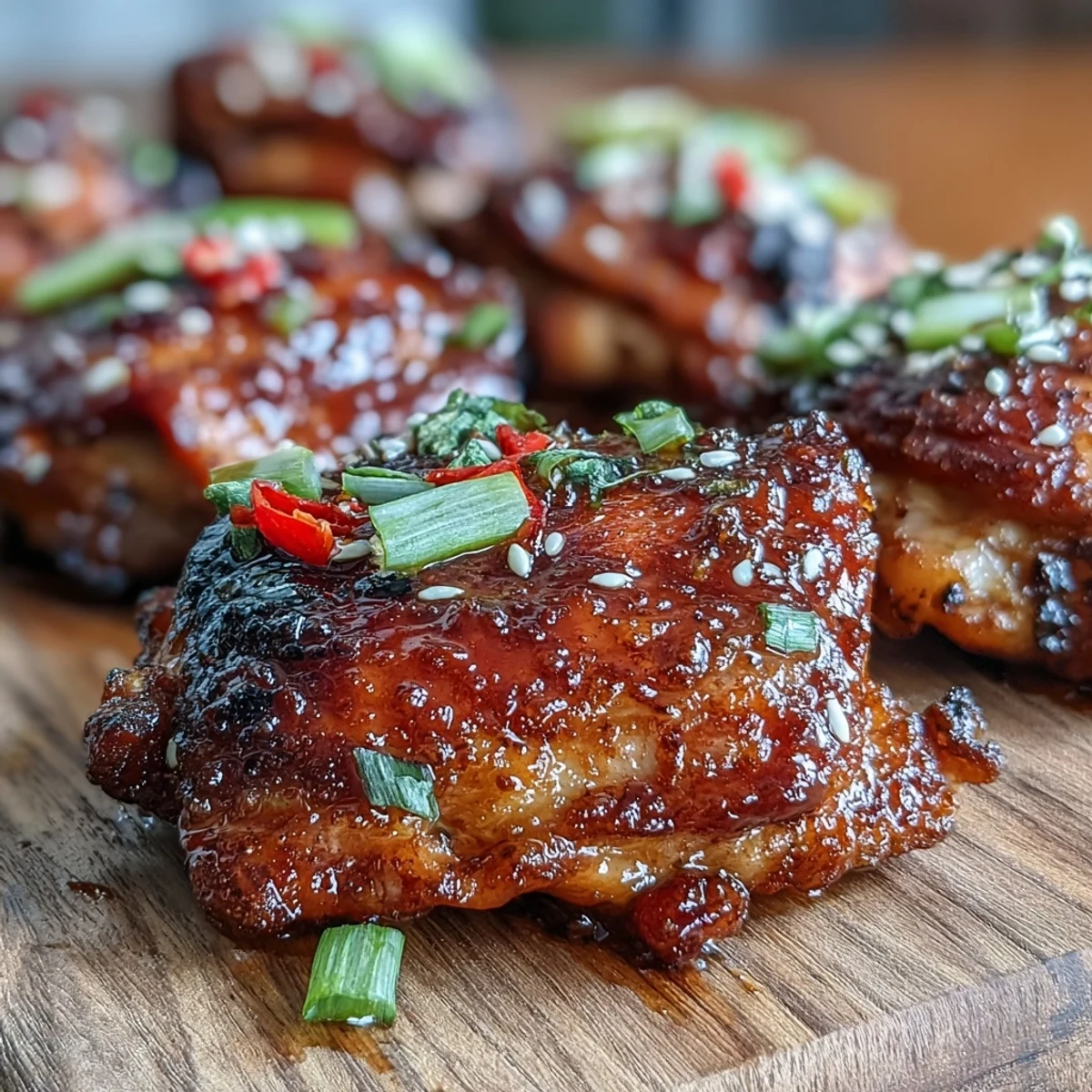 Roasted bone-in chicken thighs coated in a glossy, sweet chili jam glaze, garnished with fresh green onions and red chili slices.