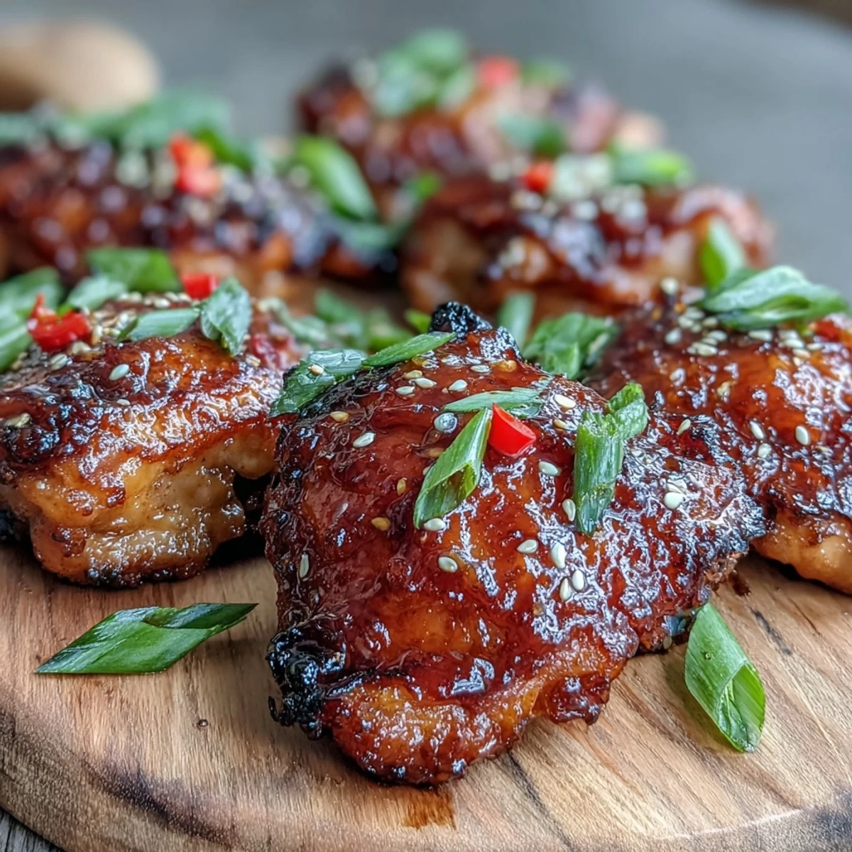 Close-up of glazed chicken thighs topped with sliced red chili, sesame seeds, and cilantro for a spicy, sweet dinner.