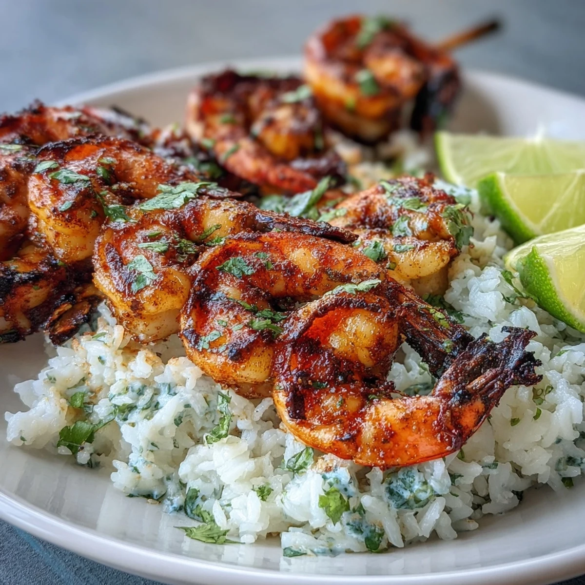 Golden, charred Jerk Seasoning Shrimp Skewers rest on a bed of creamy coconut rice with bright lime slices nearby.