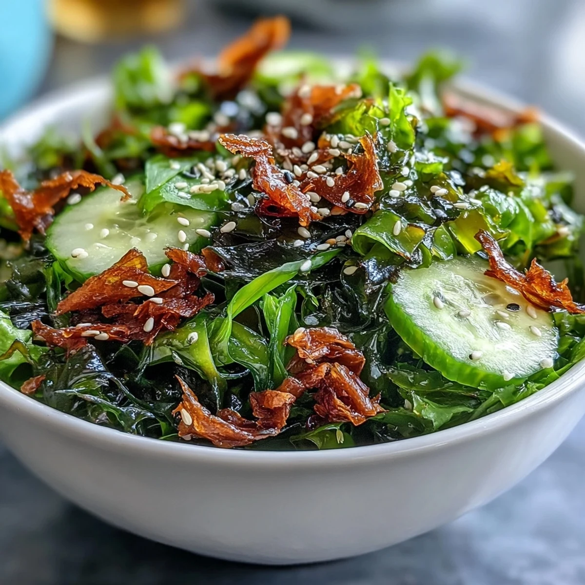 The Seaweed & Nori Crunchy Salad features a zesty ginger-soy dressing, sliced cucumbers, and scallions, served in a white bowl for a light lunch.