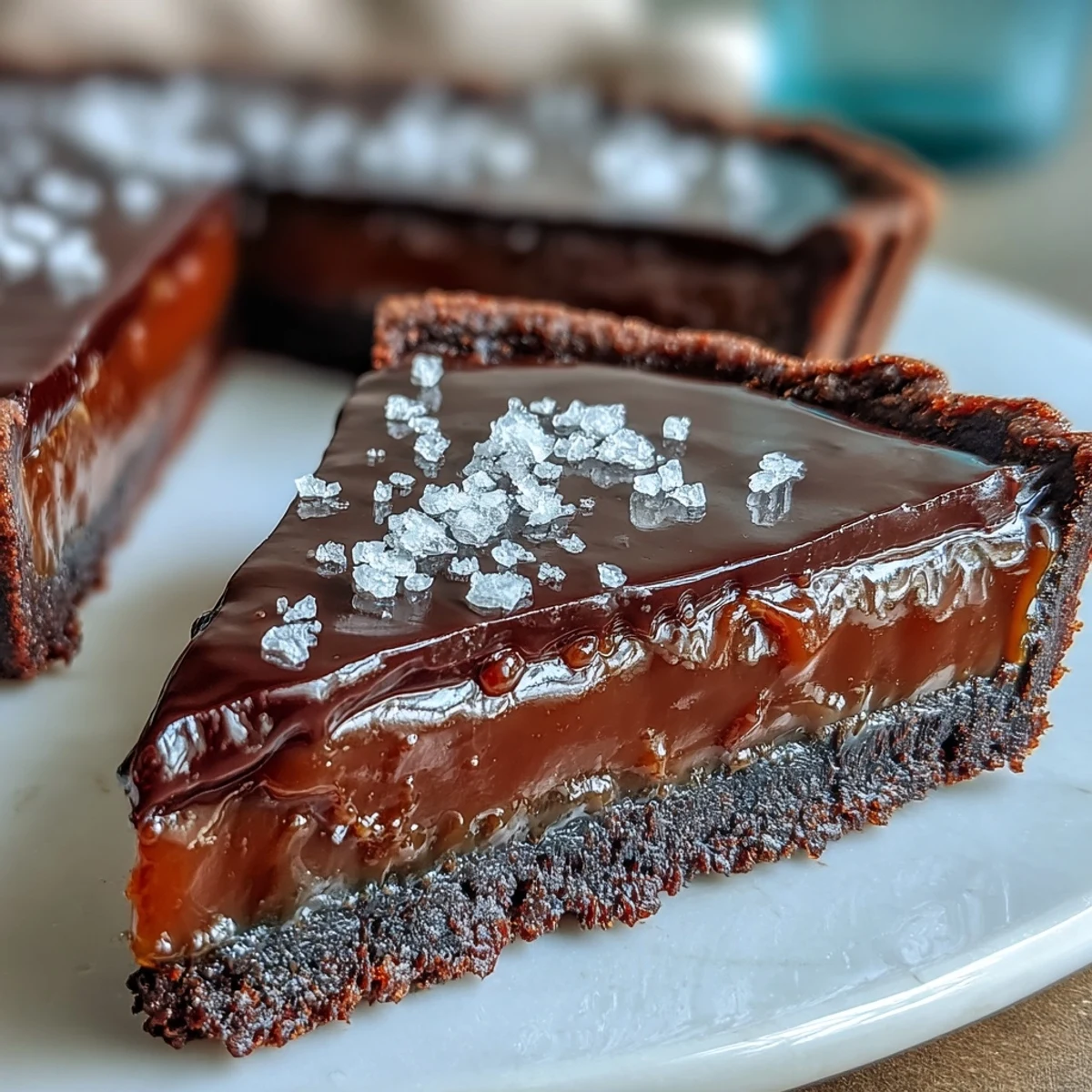 Decadent Salted Caramel Chocolate Tart slice on a white plate featuring a rich dark chocolate ganache and a visible layer of golden caramel.