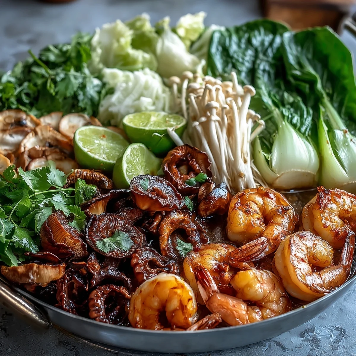 Steaming Asian Hot Pot Seafood in an aromatic broth with shrimp, cod, and mussels at the table.