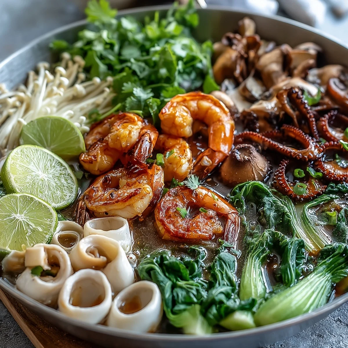Family-style Asian Hot Pot Seafood simmering in a hot pot with colorful vegetables and fresh lime wedges for serving.