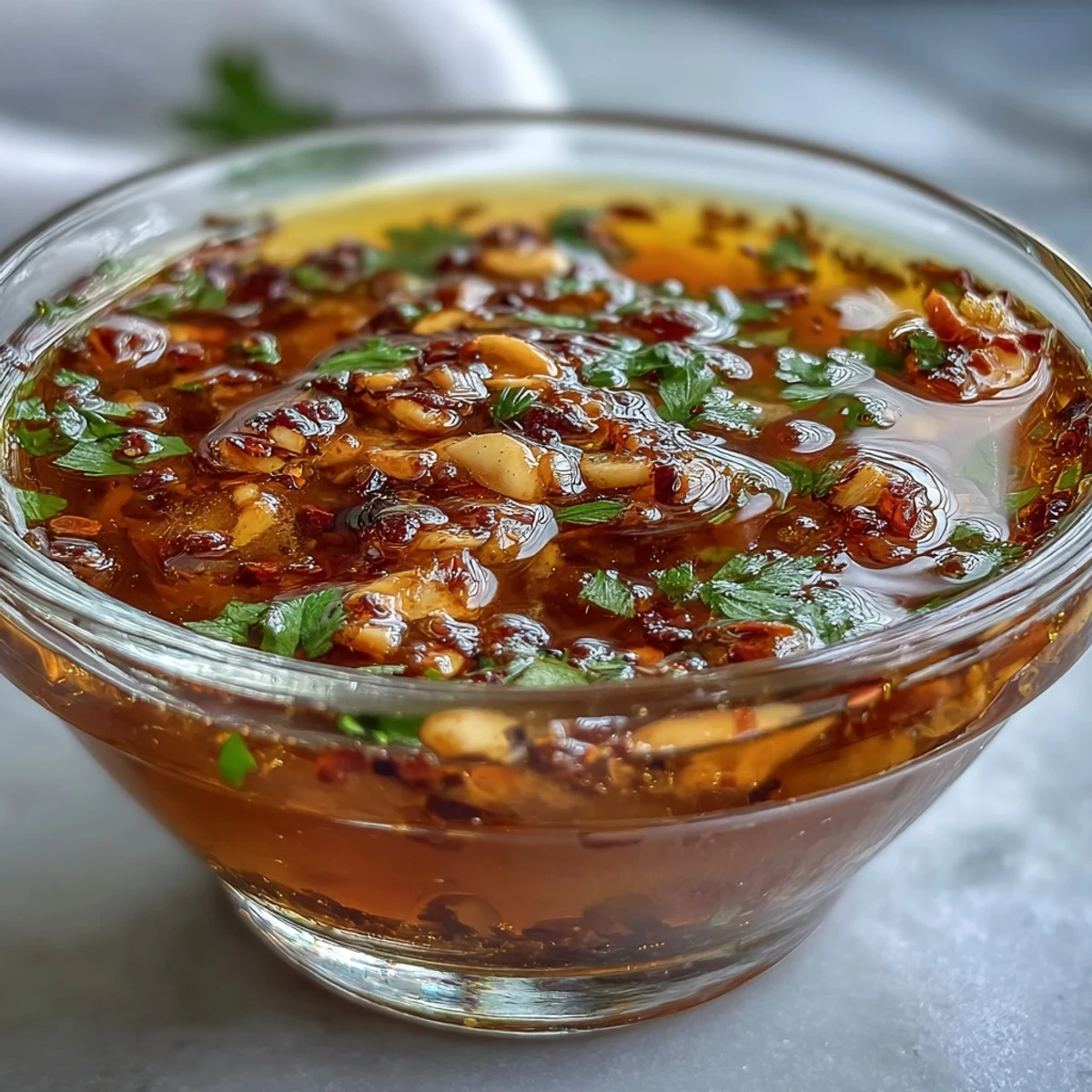 Bright orange garlic chilli oil in a small white bowl, garnished with fresh cilantro and minced aromatics. 