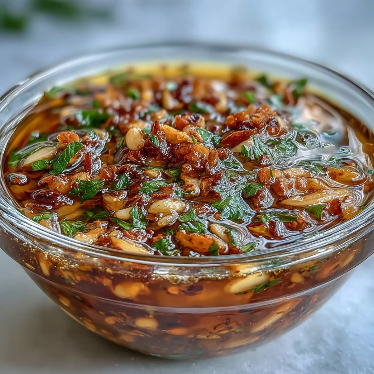Garlic chilli oil dripping from chopsticks over steaming noodles, with a bowl of the sauce nearby.