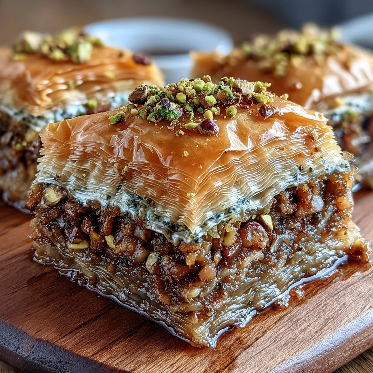 Freshly baked Pistachio & Honey Baklava with golden, flaky layers soaked in sweet syrup.