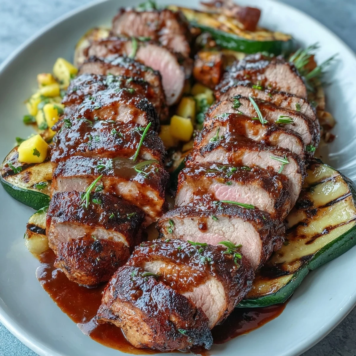 Freshly roasted Jerk Pork Tenderloin glistens with bold Caribbean spices and a caramelized crust, sliced on a wooden cutting board.
