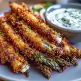 Freshly baked Crispy Chili-Garlic Asparagus Fries with a spicy red pepper flake crust.