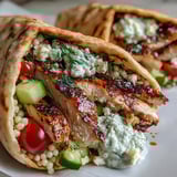 A handheld Greek Chicken Feta Stuffed Pita filled with warm pita, tangy feta, and vibrant Mediterranean vegetables.