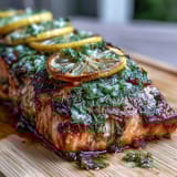 Grilled cedar plank salmon with fresh dill and lemon slices, summery aroma.
