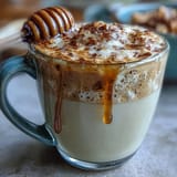 Steaming dandelion root latte, frothed oat milk, drizzled with honey.