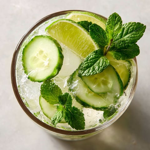 A glass of cucumber water with a slice of cucumber in it.
