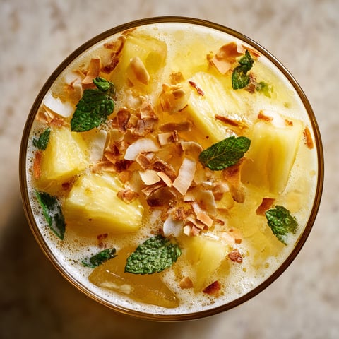 A glass of pineapple juice with coconut on top.