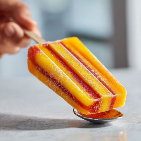 A person is holding a spoon with a piece of orange and red frozen dessert on it.