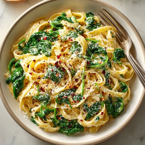 A bowl of pasta with spinach and cheese.