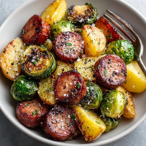 Sheet Pan Sausage, Potatoes, and Brussels Sprouts roasted golden and served with fresh herbs.