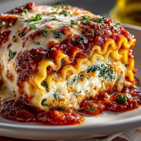 Freezable vegetable lasagna rolls layered with creamy ricotta, vibrant spinach, and marinara sauce.