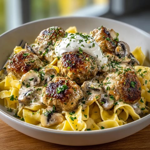 Slow Cooker Turkey Meatball Stroganoff served in creamy sauce over wide egg noodles