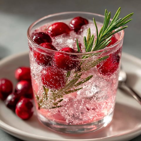 Chilled cranberry rosemary spritzer garnished with fresh rosemary and sparkling bubbles in a glass