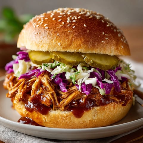 Slow Cooker BBQ Pulled Chicken Sandwiches piled high on soft buns, topped with tangy coleslaw