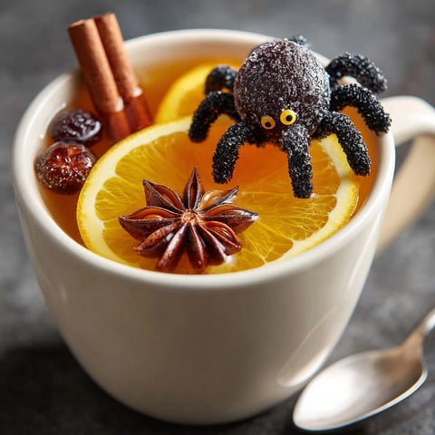 Hot Spider Cider: Spiced apple cider with creepy crawly spider garnish.