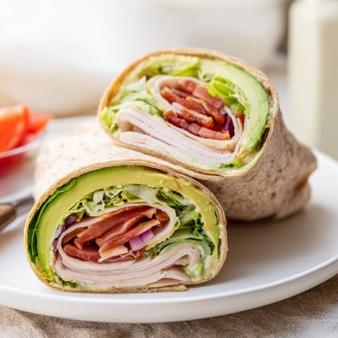 Creamy Avocado and Turkey BLT Wraps, sliced open displaying colorful layers, ready to eat.