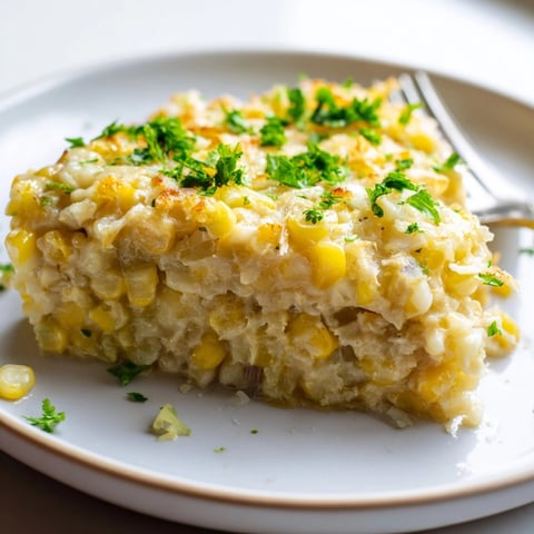 Golden Garlic Parmesan Sweet Corn Bake bubbling hot, topped with fresh parsley bits.