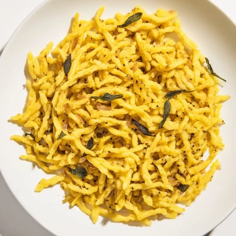 Golden Savory Pumpkin Spaetzle sizzling in butter, garnished with fresh herbs and spices.  