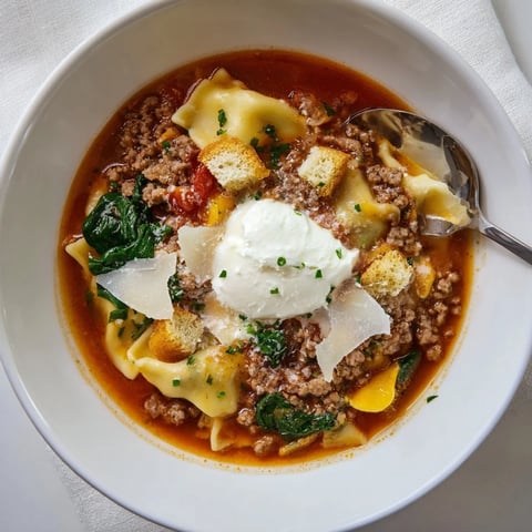 Warm and inviting Lasagne Soup with Roasted Garlic Croutons, perfect for chilly evenings.  