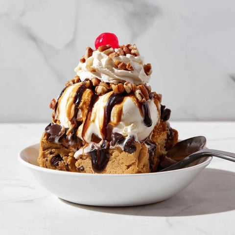 Indulgent Cookie Dough Chaos Bar Sundae topped with whipped cream and a cherry.  