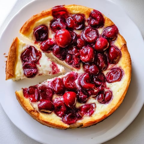 Creamy cherry cheesecake muffin pie topped with juicy cherries and golden crust.  