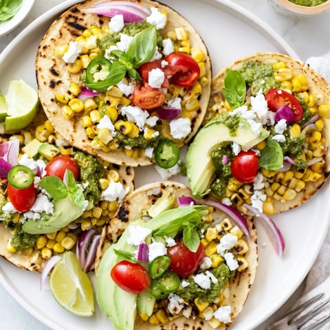 Vibrant Sweet Corn & Basil Pesto Tacos with fresh veggies and zesty flavors.  