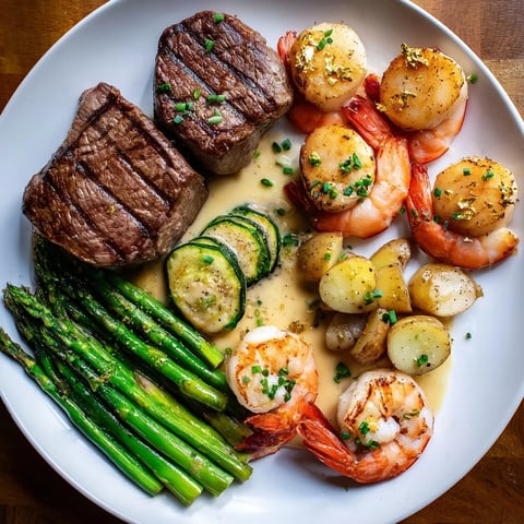 Golden Heart Luxury Platter showcases seared filet mignon and scallops, artfully arranged on an elegant platter.