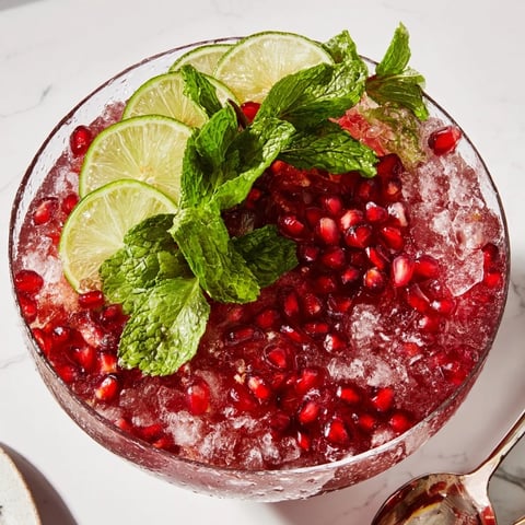 Pomegranate and mint wreath drink: bright red beverage garnished with fresh mint and pomegranate seeds.